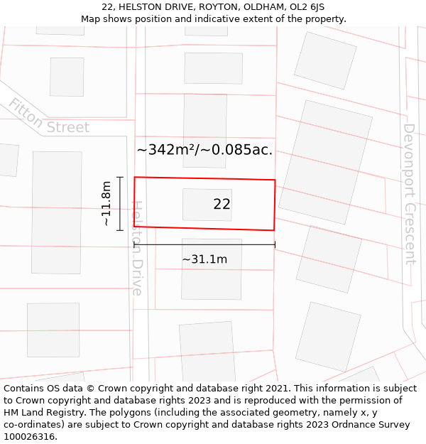 22, HELSTON DRIVE, ROYTON, OLDHAM, OL2 6JS: Plot and title map