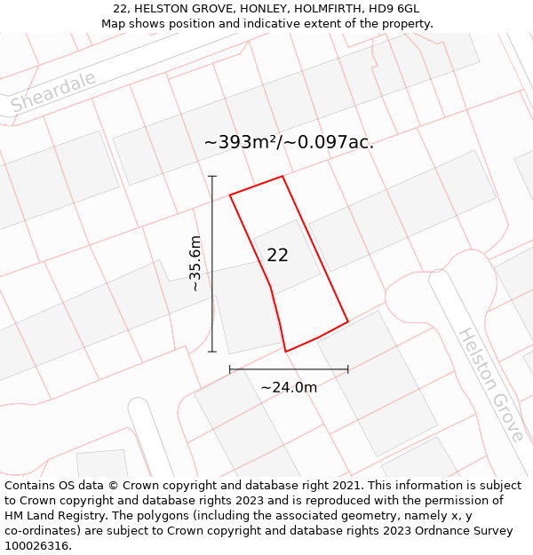 22, HELSTON GROVE, HONLEY, HOLMFIRTH, HD9 6GL: Plot and title map