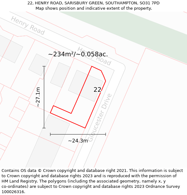 22, HENRY ROAD, SARISBURY GREEN, SOUTHAMPTON, SO31 7PD: Plot and title map