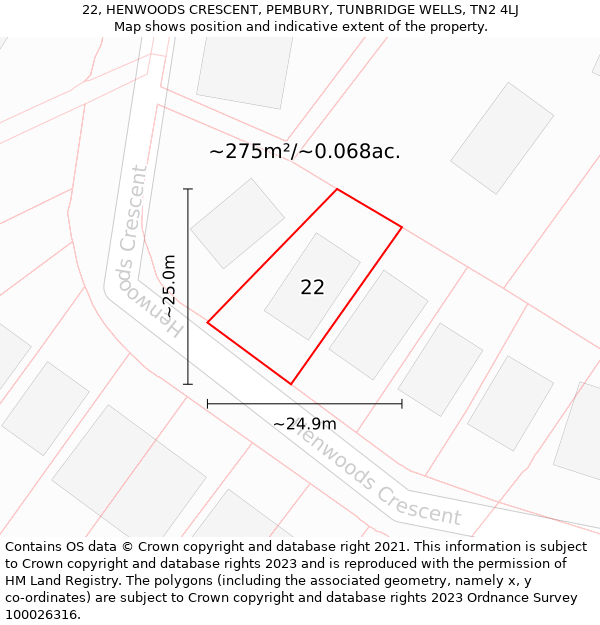 22, HENWOODS CRESCENT, PEMBURY, TUNBRIDGE WELLS, TN2 4LJ: Plot and title map