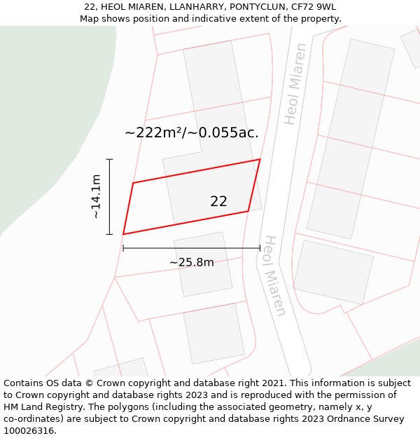 22, HEOL MIAREN, LLANHARRY, PONTYCLUN, CF72 9WL: Plot and title map