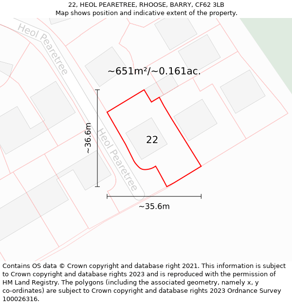 22, HEOL PEARETREE, RHOOSE, BARRY, CF62 3LB: Plot and title map