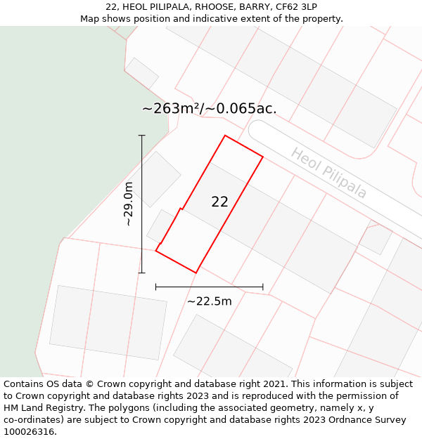 22, HEOL PILIPALA, RHOOSE, BARRY, CF62 3LP: Plot and title map