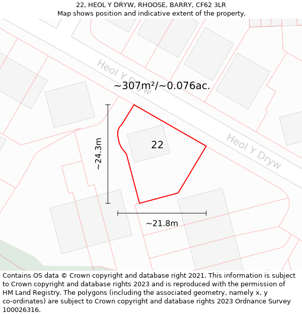 22, HEOL Y DRYW, RHOOSE, BARRY, CF62 3LR: Plot and title map