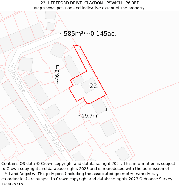 22, HEREFORD DRIVE, CLAYDON, IPSWICH, IP6 0BF: Plot and title map
