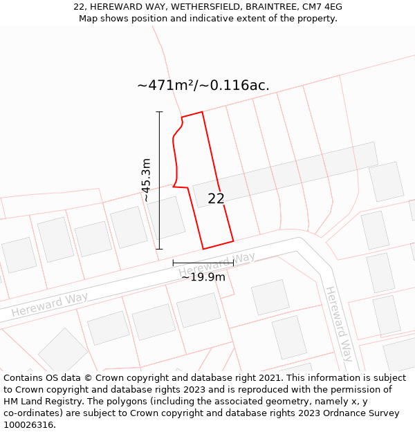 22, HEREWARD WAY, WETHERSFIELD, BRAINTREE, CM7 4EG: Plot and title map