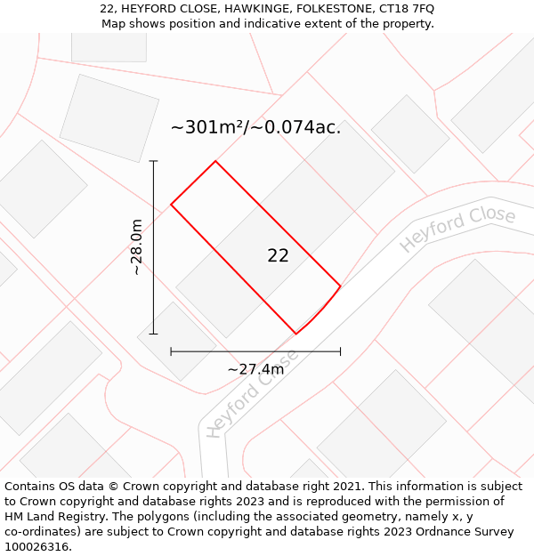 22, HEYFORD CLOSE, HAWKINGE, FOLKESTONE, CT18 7FQ: Plot and title map