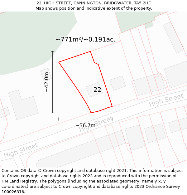 22, HIGH STREET, CANNINGTON, BRIDGWATER, TA5 2HE: Plot and title map