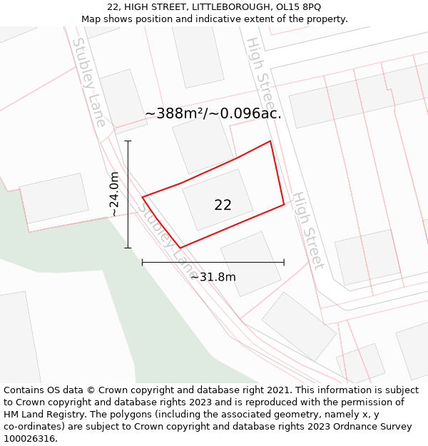 22, HIGH STREET, LITTLEBOROUGH, OL15 8PQ: Plot and title map