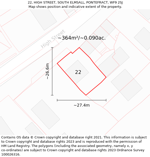 22, HIGH STREET, SOUTH ELMSALL, PONTEFRACT, WF9 2SJ: Plot and title map