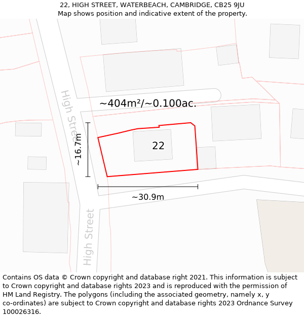 22, HIGH STREET, WATERBEACH, CAMBRIDGE, CB25 9JU: Plot and title map