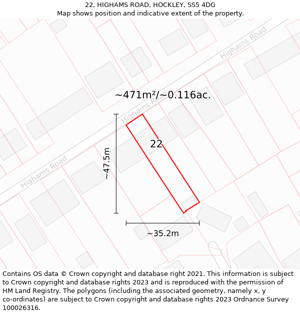 22, HIGHAMS ROAD, HOCKLEY, SS5 4DG: Plot and title map