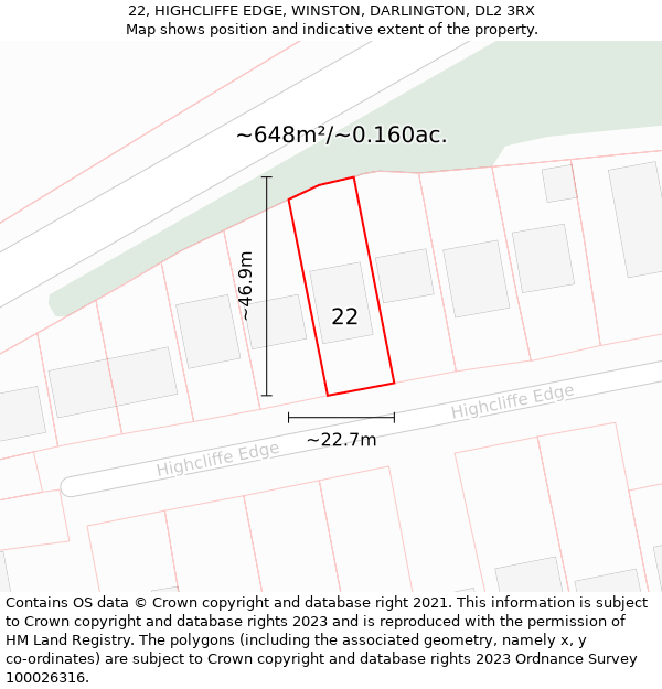 22, HIGHCLIFFE EDGE, WINSTON, DARLINGTON, DL2 3RX: Plot and title map