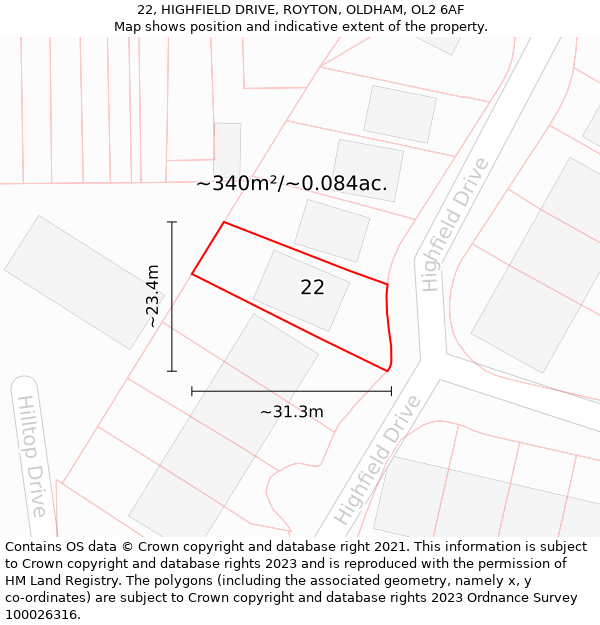 22, HIGHFIELD DRIVE, ROYTON, OLDHAM, OL2 6AF: Plot and title map