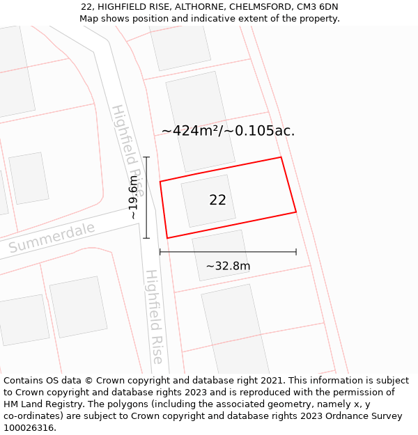 22, HIGHFIELD RISE, ALTHORNE, CHELMSFORD, CM3 6DN: Plot and title map