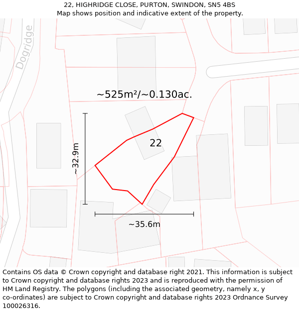 22, HIGHRIDGE CLOSE, PURTON, SWINDON, SN5 4BS: Plot and title map