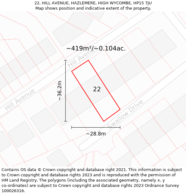 22, HILL AVENUE, HAZLEMERE, HIGH WYCOMBE, HP15 7JU: Plot and title map