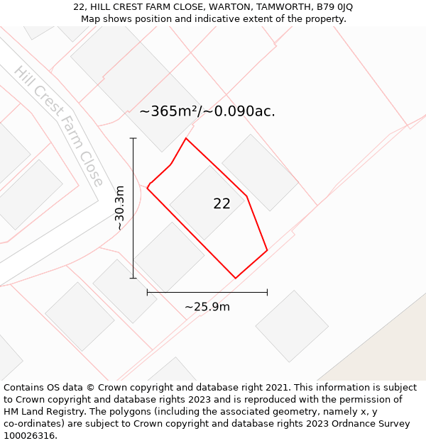 22, HILL CREST FARM CLOSE, WARTON, TAMWORTH, B79 0JQ: Plot and title map