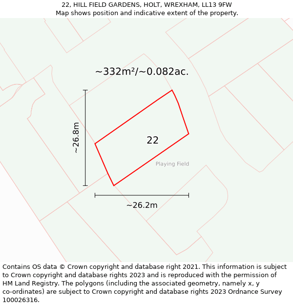 22, HILL FIELD GARDENS, HOLT, WREXHAM, LL13 9FW: Plot and title map