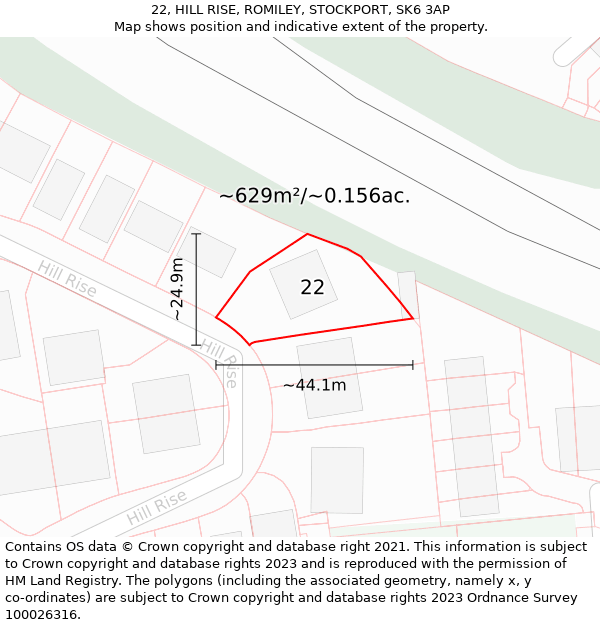 22, HILL RISE, ROMILEY, STOCKPORT, SK6 3AP: Plot and title map