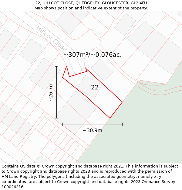 22, HILLCOT CLOSE, QUEDGELEY, GLOUCESTER, GL2 4FU: Plot and title map