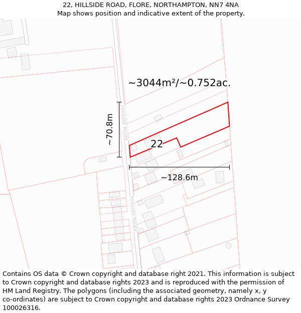 22, HILLSIDE ROAD, FLORE, NORTHAMPTON, NN7 4NA: Plot and title map