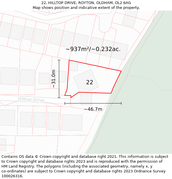 22, HILLTOP DRIVE, ROYTON, OLDHAM, OL2 6AG: Plot and title map