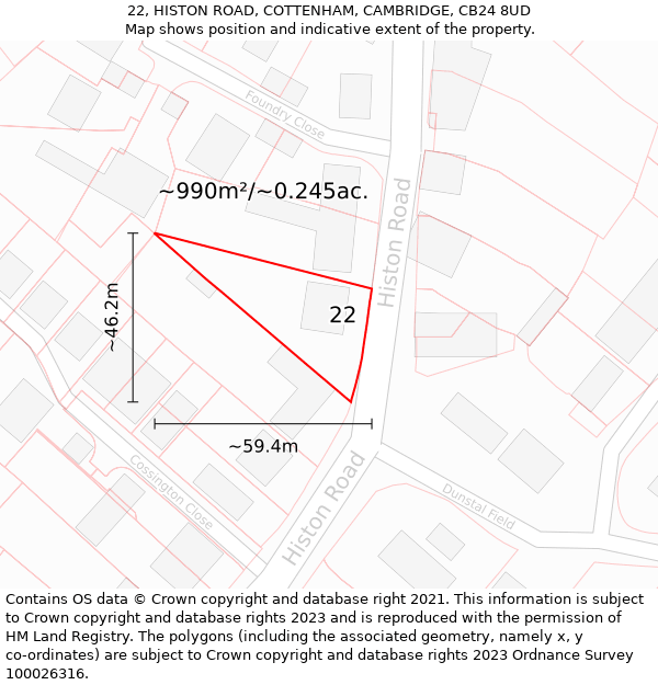 22, HISTON ROAD, COTTENHAM, CAMBRIDGE, CB24 8UD: Plot and title map