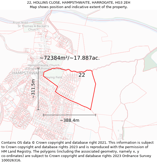 22, HOLLINS CLOSE, HAMPSTHWAITE, HARROGATE, HG3 2EH: Plot and title map
