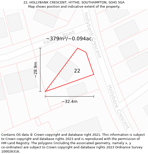 22, HOLLYBANK CRESCENT, HYTHE, SOUTHAMPTON, SO45 5GA: Plot and title map