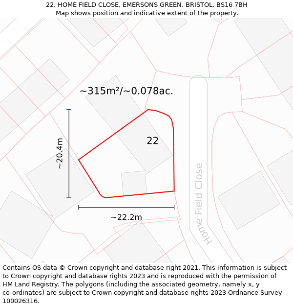 22, HOME FIELD CLOSE, EMERSONS GREEN, BRISTOL, BS16 7BH: Plot and title map