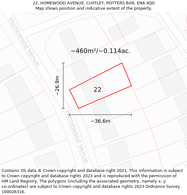 22, HOMEWOOD AVENUE, CUFFLEY, POTTERS BAR, EN6 4QG: Plot and title map