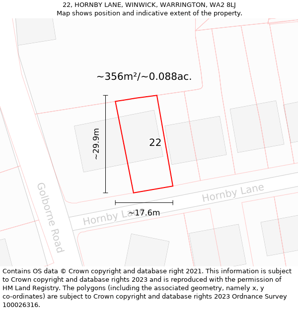 22, HORNBY LANE, WINWICK, WARRINGTON, WA2 8LJ: Plot and title map