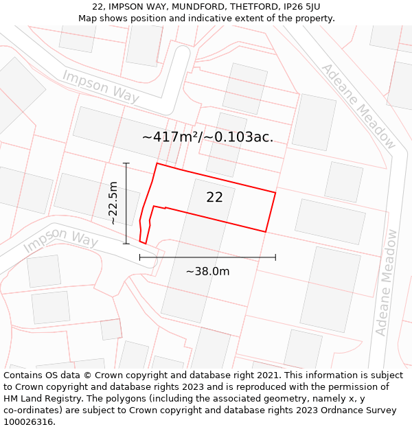 22, IMPSON WAY, MUNDFORD, THETFORD, IP26 5JU: Plot and title map