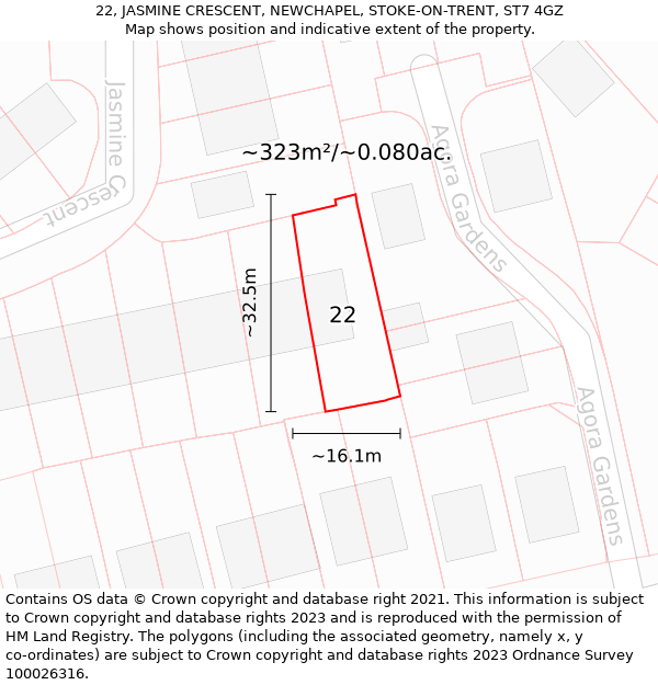 22, JASMINE CRESCENT, NEWCHAPEL, STOKE-ON-TRENT, ST7 4GZ: Plot and title map