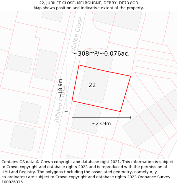 22, JUBILEE CLOSE, MELBOURNE, DERBY, DE73 8GR: Plot and title map