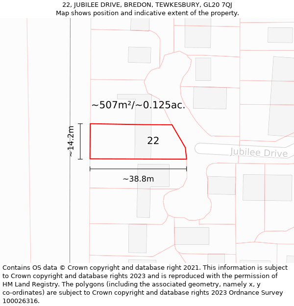 22, JUBILEE DRIVE, BREDON, TEWKESBURY, GL20 7QJ: Plot and title map