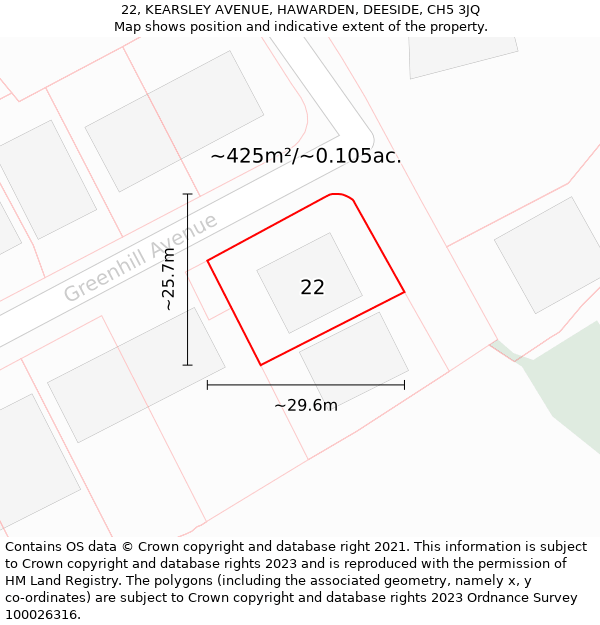 22, KEARSLEY AVENUE, HAWARDEN, DEESIDE, CH5 3JQ: Plot and title map