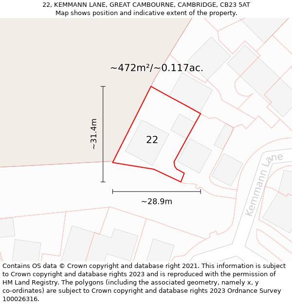 22, KEMMANN LANE, GREAT CAMBOURNE, CAMBRIDGE, CB23 5AT: Plot and title map