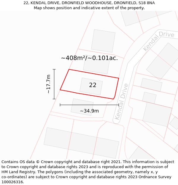 22, KENDAL DRIVE, DRONFIELD WOODHOUSE, DRONFIELD, S18 8NA: Plot and title map