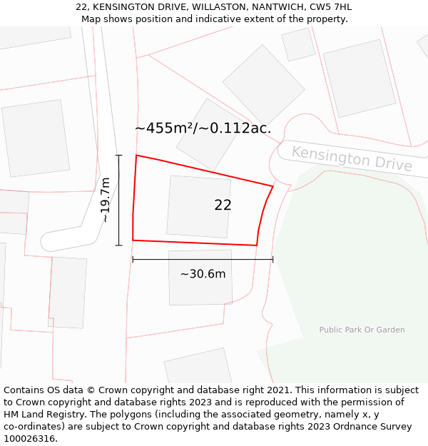 22, KENSINGTON DRIVE, WILLASTON, NANTWICH, CW5 7HL: Plot and title map