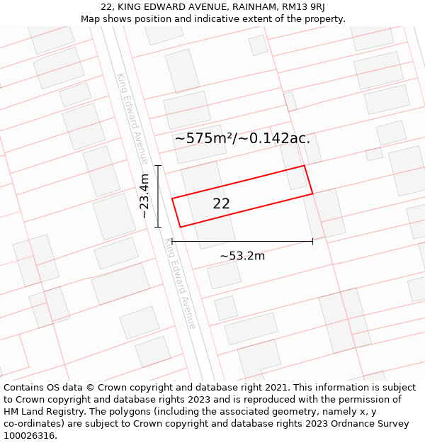 22, KING EDWARD AVENUE, RAINHAM, RM13 9RJ: Plot and title map