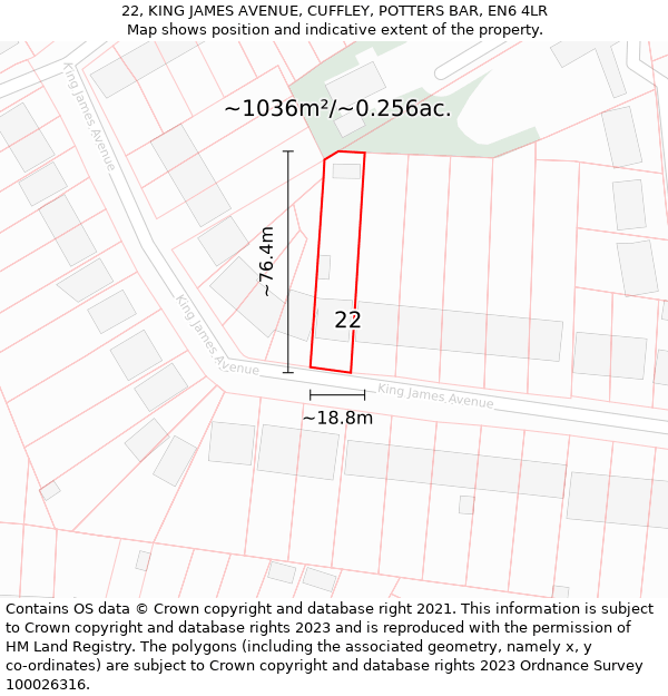 22, KING JAMES AVENUE, CUFFLEY, POTTERS BAR, EN6 4LR: Plot and title map