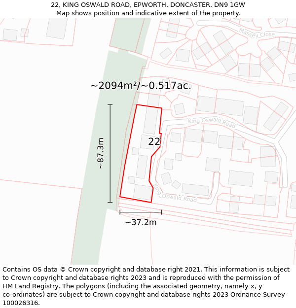 22, KING OSWALD ROAD, EPWORTH, DONCASTER, DN9 1GW: Plot and title map