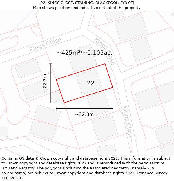 22, KINGS CLOSE, STAINING, BLACKPOOL, FY3 0EJ: Plot and title map