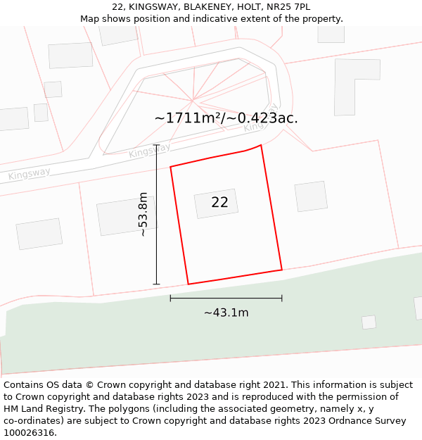 22, KINGSWAY, BLAKENEY, HOLT, NR25 7PL: Plot and title map