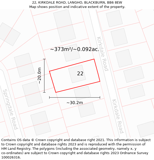 22, KIRKDALE ROAD, LANGHO, BLACKBURN, BB6 8EW: Plot and title map