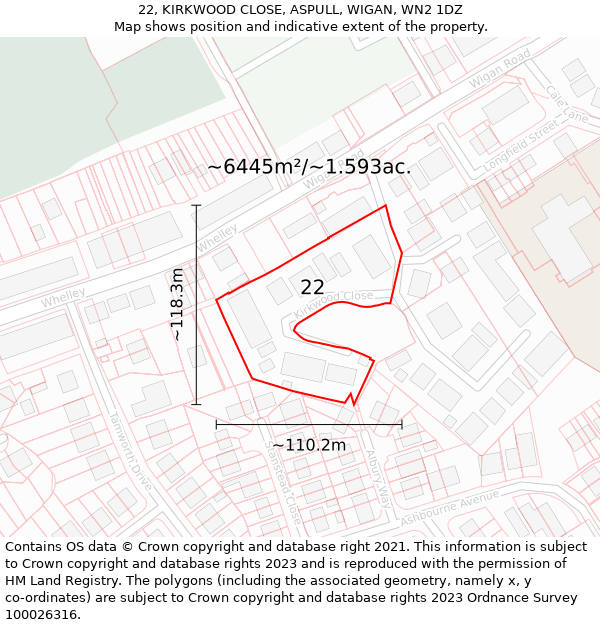 22, KIRKWOOD CLOSE, ASPULL, WIGAN, WN2 1DZ: Plot and title map