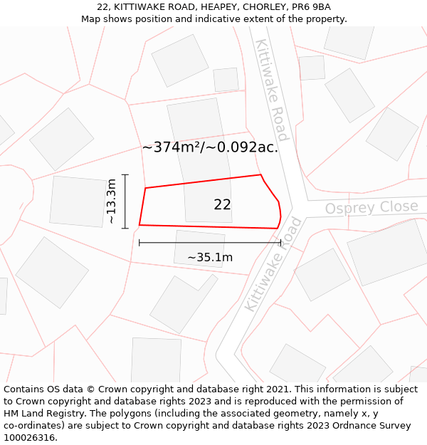 22, KITTIWAKE ROAD, HEAPEY, CHORLEY, PR6 9BA: Plot and title map