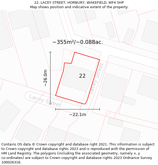 22, LACEY STREET, HORBURY, WAKEFIELD, WF4 5HP: Plot and title map